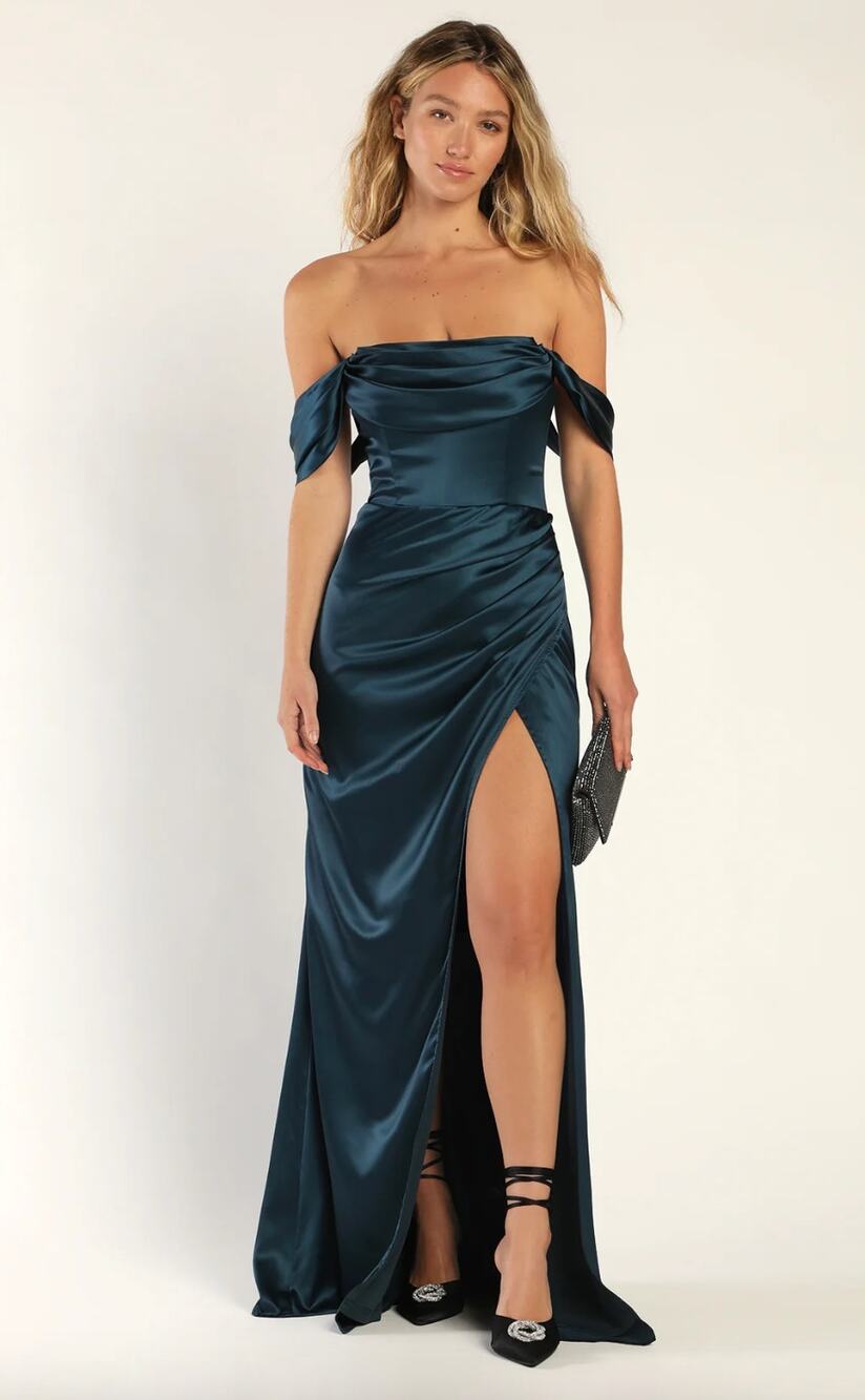 Lulus Stunning Arrival Dark Teal Satin Off The Shoulder Maxi Dress Formal XL NWT